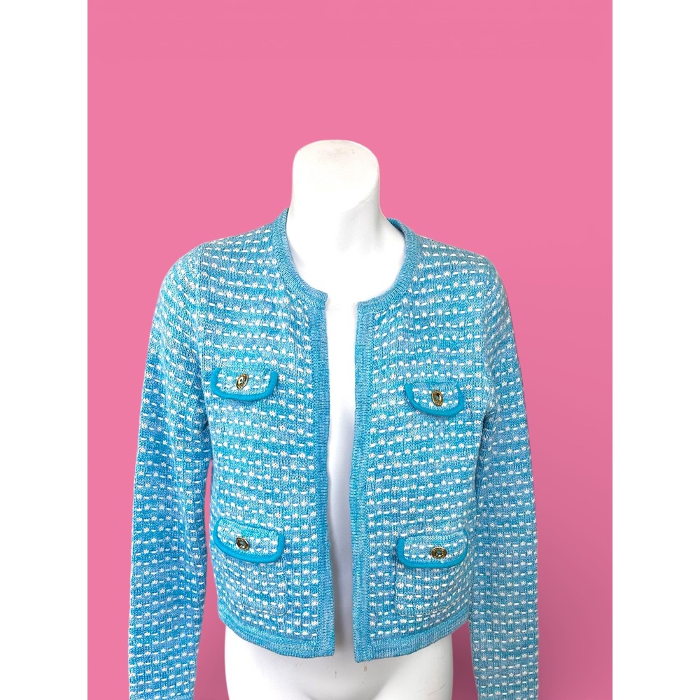Lilly Pulitzer NWOT Kienna Woven Knit Cardigan Cumulus Blue Metallic XSmall - Picture 3 of 16